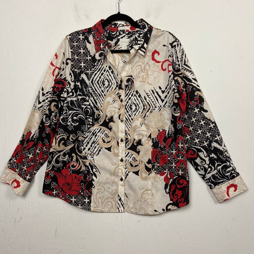 Chico’s Women's Black Cream Patterned No Iron Button Front Blouse Top Size XL